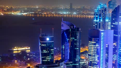 The-skyline-of-the-West-Bay-area-from-top-in-Doha-timelapse,-Qatar