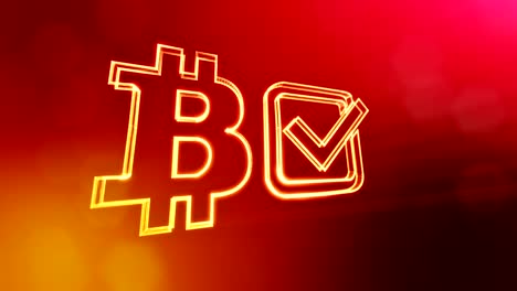 Logo-bitcoin-and-tick-in-the-box.-Financial-background-made-of-glow-particles-as-vitrtual-hologram.-Shiny-3D-seamless-animation-with-depth-of-field,-bokeh-and-copy-space..-Red-background-v1