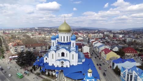 Aerial-footage-of-Uzhgorod-city-center---top-view-of-church-in-summer.-Day-time