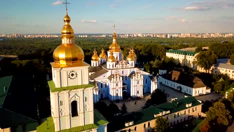 Beautiful-Golden-Kiev-Ukraine-St.-Michael's-Golden-Domed-Monastery.-View-from-above.-aerial-video-footage.-Landscape-city-view-to-Dnipro