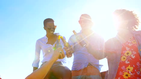 Group-of-friends-toasting-beer-bottles-in-the-beach-4k