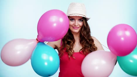 Woman-summer-joyful-girl-with-colorful-balloons-4K