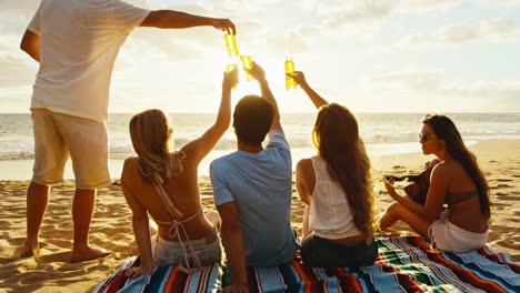 Friends-Relaxing-on-the-Beach-at-Sunset