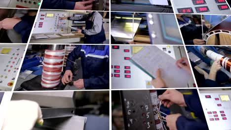 Industrial-high-voltage-power-transformer-production.-Split--screen-collage.-4K.