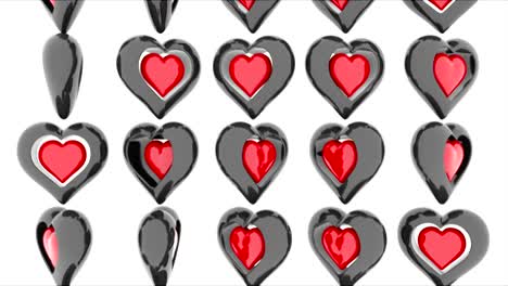 Beating-and-spinning-red-and-black-shiny-3d-hearts.-3d-rendering