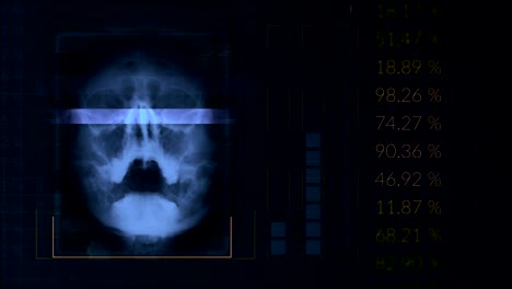 Análisis-de-un-cráneo-humano,-bucle-azul-equipo-médico-de-la-interfaz-de-hud