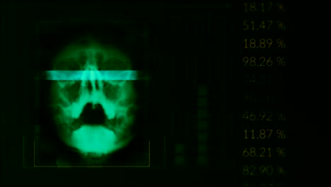 Análisis-de-un-cráneo-humano,-coloca-equipo-médico-de-interfaz-hud-verde