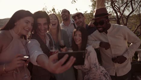 Multi-ethnic-friends-celebrating-and-taking-selfies-at-traditional-mountain-house