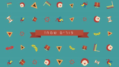 Purim-holiday-flat-design-animation-background-with-traditional-symbols-and-hebrew-text