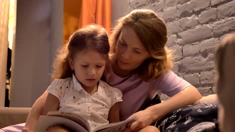 Parent-reading-book-to-little-girl,-mom-and-kid-sitting-together-on-sofa-at-modern-living-room,-family-concept,-indoors