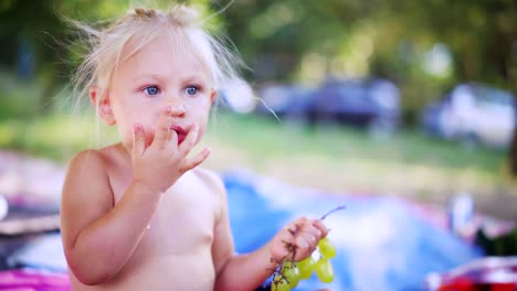 Porträt-von-kleinen-Mädchen-essen-Trauben-im-Freien-im-Park.-Sommerzeit-und-Konzept-der-gesunde-Babynahrung