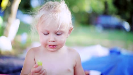 Kleines-Mädchen-mit-blonden-Haaren,-die-eifrig-Essen-Trauben-im-freien