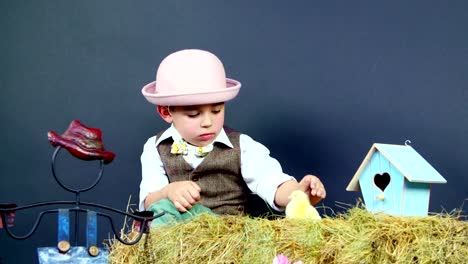 Village,-stylishly-dressed-cute-little-boy-playing-with-ducklings-and-chickens,-studio-video-with-thematic-decor