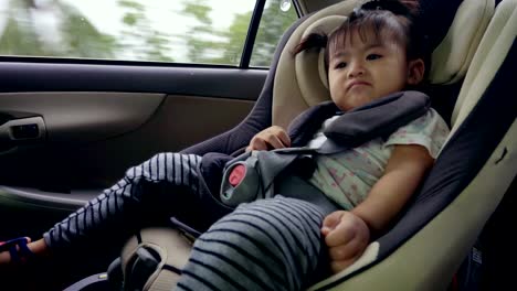 Portrait-of-cute-toddler-asian-girl--sitting-in-car-seat.-Child-transportation-safety