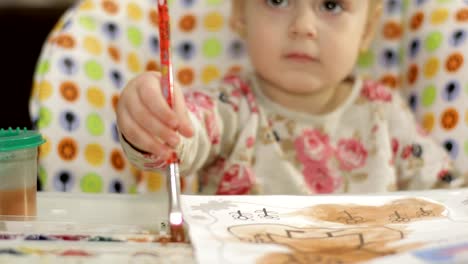 Beautiful-two-years-old-girl-draws-pictures-with-a-paintbrush.-Cute-blonde-child.-Brown-eyes.-Close-up