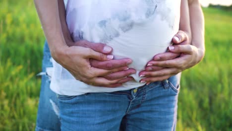 Closeup-of-parents-hands-touching-pregnant-belly-in-nature