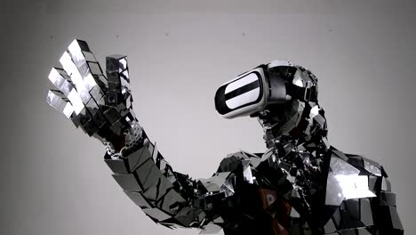 Robot-futurista-en-espejo-traje-vorking-con-interfaz-virtual,-interfaz-presionando-el-dedo-índice.