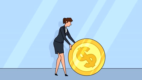 Flat-cartoon-businesswoman-character--roll-dollar-coin-money-concept-animation-with-alpha-matte