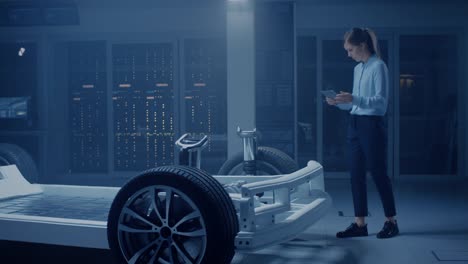 Automobil-Ingenieur-arbeitet-auf-Elektro-Auto-Chassis-Plattform,-mit-Tablet-Computer-Augmented-Reality-mit-3D-CAD-Software-Modellierung.-Innovative-Anlage:-Fahrzeugrahmen-mit-Rädern,-Motor,-Batterie