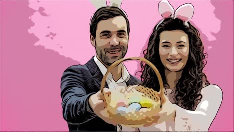 Young-couple-standing-standing-on-pink-background.-With-a-bunny-ears-on-the-head.-During-this-man-and-his-wife-are-looking-into-the-camera.-Picking-up-the-Easter-basket,-look-at-him-and-kiss-his-wife-with-a-soft-smile.-Animation.