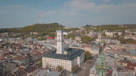 Aerial-City-Lviv,-Ukraine.-European-City.-Popular-areas-of-the-city.-Town-Hall