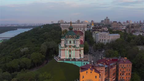 Aerial-view-of-St.-Andrew’s-Church,-historical-center,-Podolsky-district,-Kyiv,-Ukraine