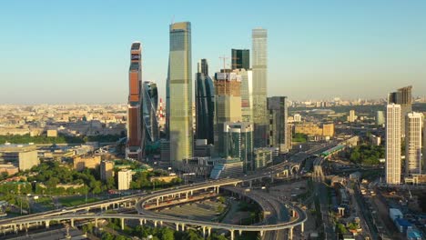 Aerial-view-of-Moscow-city-skyscrapers-at-sunset