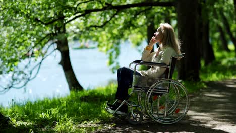 Tilt-down-of-disabled-senior-woman-sitting-in-wheelchair-near-lake-in-park-alone,-looking-at-view-and-thinking-with-hand-on-chin.-Unrecognizable-man-passing-by-on-windy-day