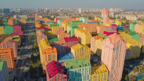 Aerial-view-of-colorful-buildings-on-city-street