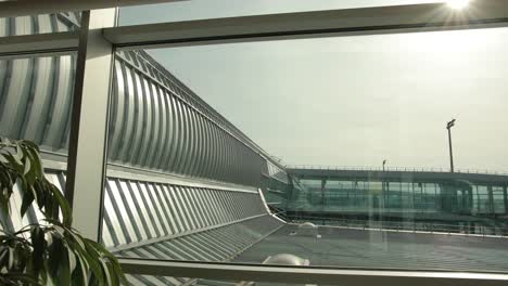 Grüne-Anlage,-metallische-architektonische-Konstruktionen-am-Flughafen-im-Terminal.