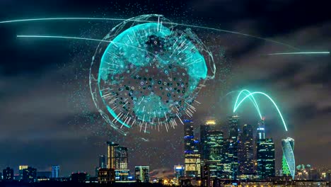 Smart-city-and-communication-network-concept.-Evening-city-time-lapse-with-futuristic-elements-of-telecommunications.-The-concept-of-high-technology-in-the-field-of-telecommunications