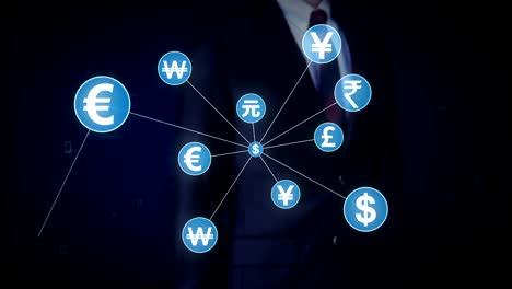 Businessman-touching-Various-currency-symbol,-Numerous-dots-gather-to-create-a-Pound-currency-sign,-dots-makes-global-world-map,-internet-of-things.-financial-technology