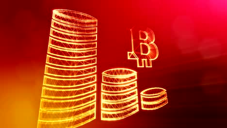 Sign-of-bitcoin-and-stacks-of-coins.-Financial-background-made-of-glow-particles-as-vitrtual-hologram.-Shiny-3D-loop-animation-with-depth-of-field,-bokeh-and-copy-space.-Red-color-v2