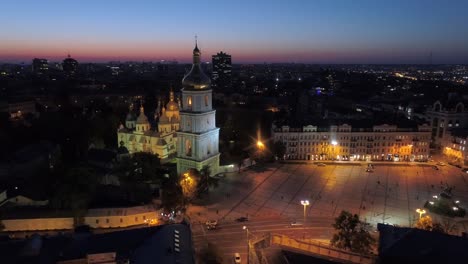 Night-view-of-Sophia-Square,-Kiev-(Kyiv),-Ukraine.-Aerial-drone-shot