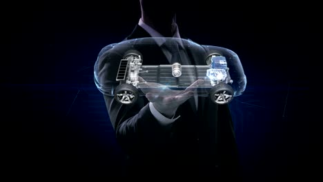 Businessman-opens-palm,-Electronic,--ion-battery-echo-car.-Charging-car-battery.-Battery-level-check,-future-car.-side-view.-4k-movie.