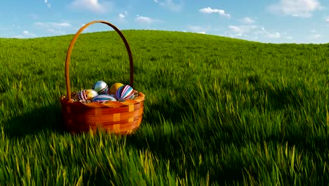 Wicker-basket-with-dyed-easter-eggs-among-grass-Close-up