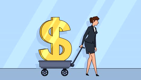 Flat-cartoon-businesswoman-character--pulls-cart-with-dollar-sign-money-concept-animation-with-alpha-matte