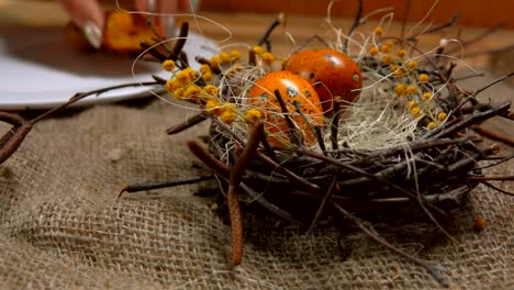 Yellow-colored-quail-eggs-are-laid-in-the-Easter-nest