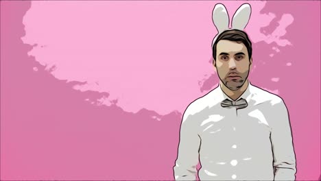 Beautiful-boy-standing-on-a-pink-background.-During-this-dressed-in-a-white-shirt.-Holding-a-carrot-wants-to-burn-it-like-a-cigar.-After-a-while,-he-throws-carrots-to-the-ground.-Dressed-in-white-rabbit-ears.-Easter.