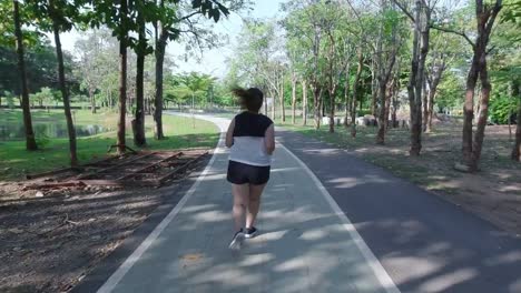 Asiatische-Frauen-joggen-am-frühen-Morgen-Sonnenlicht-im-Garten-Konzept-des-Gewichtsverlustes-mit-Bewegung-für-die-Gesundheit.-Blick-nach-dem-Blick