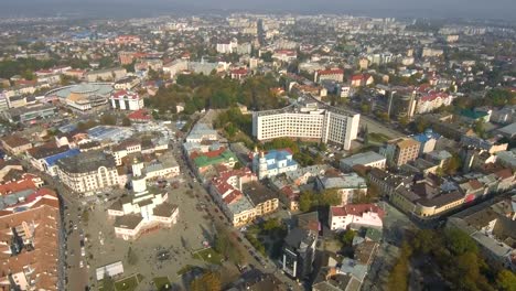 The-historic-center-of-Ivano-Frankivsk-city,-Ukraine,-with-city-hall-building.