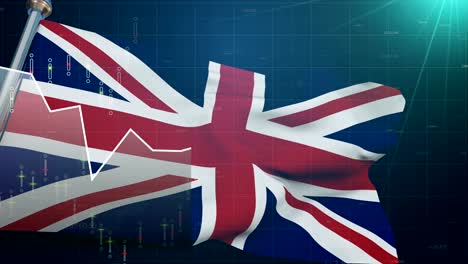 UK-flag-on-stock-market-background,-trade-finances-London,-euro-pound-currency