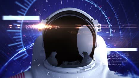 Astronauta-volando-en-el-espacio-con-casco-futurista.-Códigos-informáticos-alrededor