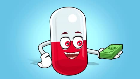 Cartoon-Pill-Cápsula-Cara-Animación-Dinero-en-Mano-con-Alpha-Matte