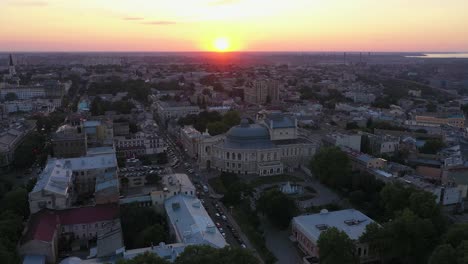 Aerial-view-on-Odessa-opera-and-ballet-theater-during-winter-time-at-sunset