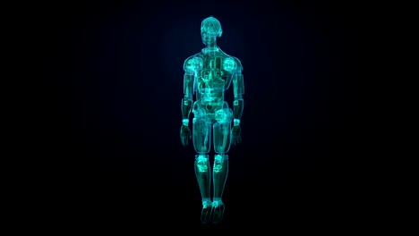 Rotating-semitransparency-3D-robot-body,-X-ray-scan-in-digital-interface.