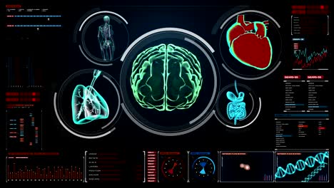 Escaneo-de-cerebro,-corazón,-pulmones,-órganos-internos-en-tablero-de-instrumentos-de-pantalla-digital.