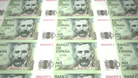 Banknotes-of-one-thousand-spanish-pesetas-of-the-bank-of-Spain-rolling-on-screen,-coins-of-the-world,-cash-money,-loop