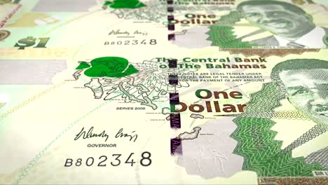 Banknotes-of-one-bahamian-dollar-rolling-on-screen,-cash-money,-loop