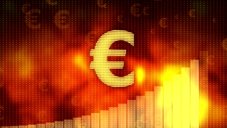 Euro-rising-on-red-background,-currency-gains-value,-financial-crisis-averted